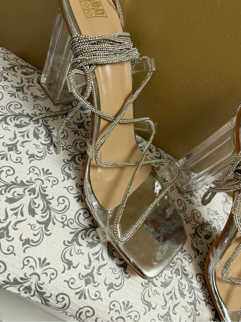 Crystal-Embellished Silver Lace-Up Heels - Picture 3 of 6